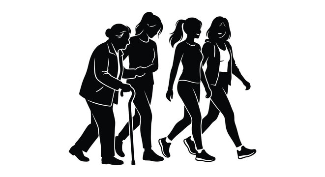 Generational family support silhouette elderly care assistance and multi generational relationships