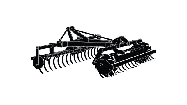 Black silhouette of a heavy agricultural farm disk harrow equipment shown on white background