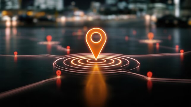 Futuristic digital location marker glowing orange on network grid with blurred city lights background symbolizing navigation technology and data connectivity concept
