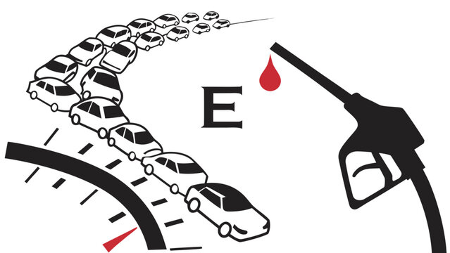 Vector illustration showing cars lined up a gas pump an empty fuel gauge consumption transport