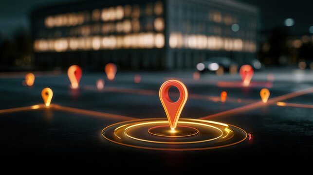 3D rendered digital glowing map pointer icons signaling location with neon lines displayed on nighttime city surface with blurred building lights background
