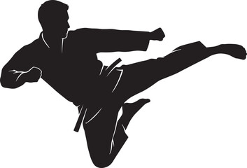 Martial arts karate silhouette, male fighter in traditional kimono uniform, black vector graphic of athlete in combat stance for sports branding © Adnan
