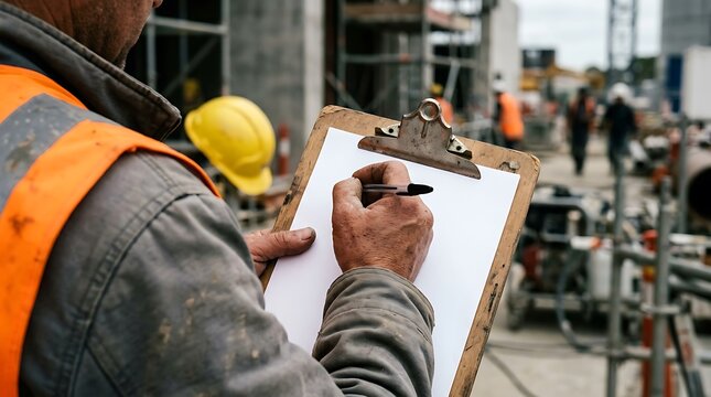 Construction site manager taking notes on a clipboard with shallow depth of field and soft natural light. Ideal for occupational health and safety training materials.