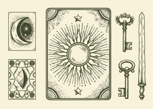 tarot card illustration with sun moon and key symbols