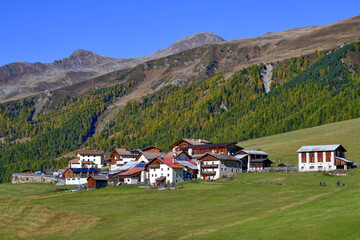Blick über alpine Bergwiesen auf den kleinen Weiler Melag im herbstlichen Langtauferer Tal in Südtirol © Ilhan Balta