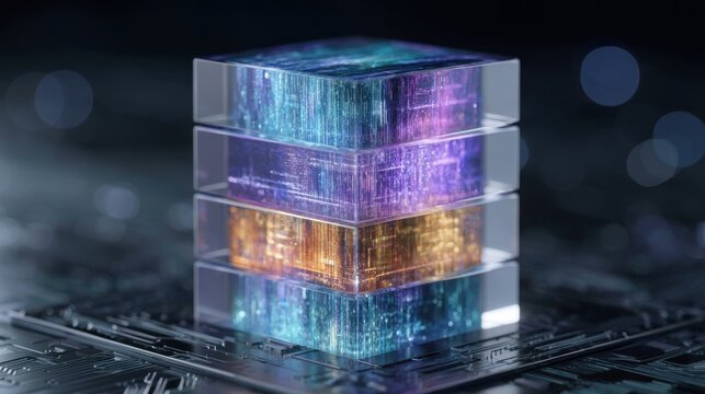 Futuristic glowing transparent cube stack with layered colorful light effects on dark circuit board surface digital technology concept