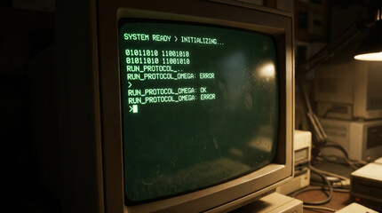 Fototapeta premium Closeup of vintage computer monitor displaying green text and binary code in a retro office setting