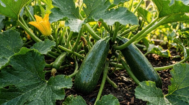 Fresh zucchini growing in organic garden