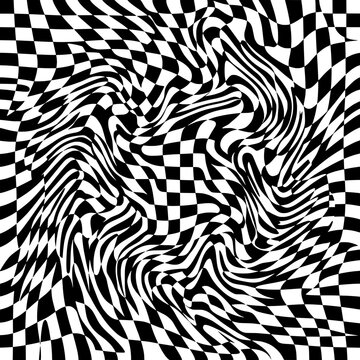 Black and white optical illusion with swirling zebra stripes on checkered background