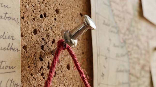 Closeup of a silver pushpin securing a red string to a corkboard with handwritten notes and maps