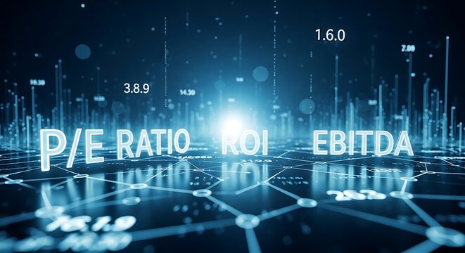 Financial metrics including ROI and EBITDA glow on a digital network with sharp focus and cinematic blue light. Ideal for corporate equity research marketing.