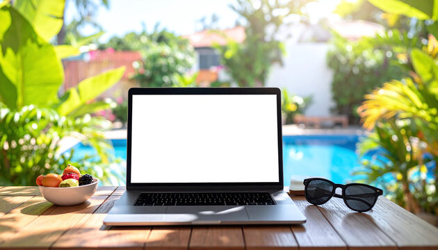 Professional laptop mockup in a sunny tropical resort. Ideal for remote work, digital nomad life, and summer office concepts. Highquality image featuring a pool and lush greenery.