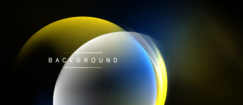 Abstract design features overlapping colorful circles. Gradient hues blend, creating dynamic visual effect. Minimalist style, dark background enhances contrast.