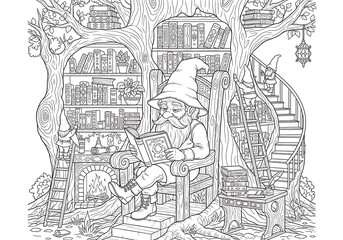 Obraz premium Gnome reading a book in a tree library coloring page