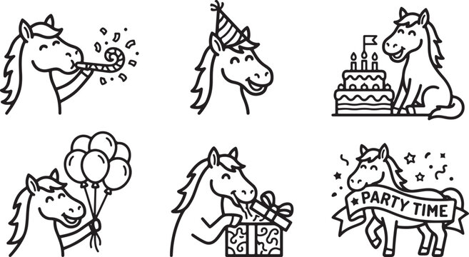Set of cute black and white line art horse characters celebrating a birthday party in this simple vector illustration image