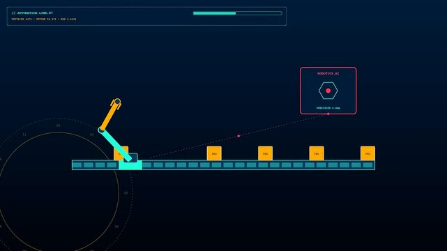 A digital AI Integration Process demonstrates robotic arms scanning and managing individual data modules along a linear conveyor system in this sleek minimalist motion graphic visualization