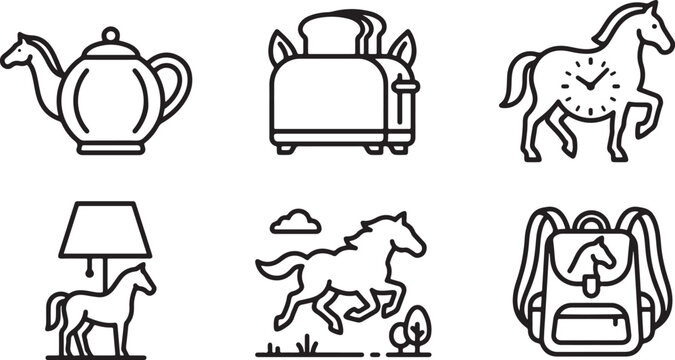 Creative set of black line art icons featuring various stylized horse concepts integrated with everyday household objects and items