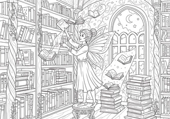 Fototapeta premium Fairy in a magical library coloring page