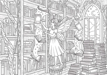 Fototapeta premium Fairy in a magical library coloring page