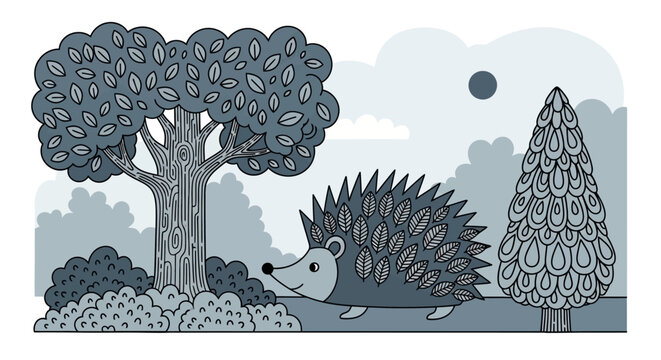Whimsical hedgehog, forest animal, cartoon illustration, vector graphics, blue monochrome, cute wildlife, decorative design elements