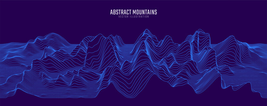 Contour mountain landscape. Waved line art. Abstract minimal topographic map. Contour lines with elevations and terrain depth. Vector illustration.
