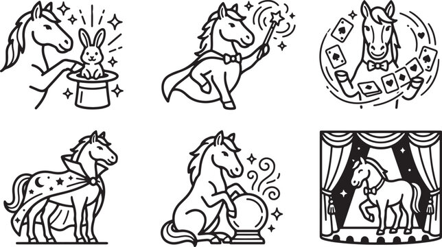 A collection of black and white line art icons featuring a cartoon horse performing various magic tricks and stage shows