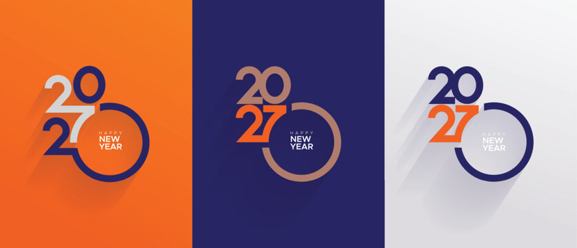 Modern 2027 New Year Typography Poster Set with Minimal Geometric Circle Design and Long Shadow Style