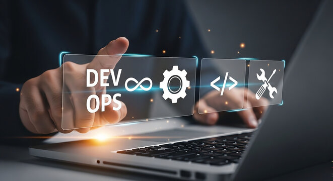 DevOps in Action: A person's hand interacts with a futuristic holographic interface displaying the word DevOps and related icons, symbolizing agile software development and continuous integration.