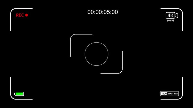 General camera overlay to put over your shot footage. video recorder camera screen with 4K resolution size Alpha Channel.  Video filming screen, shooting camera recording display. 