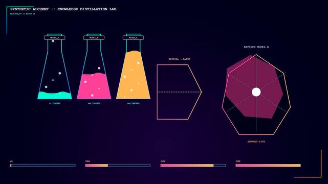 Sophisticated AI Integration unfolding across a dynamic digital interface featuring analytical graphs and chemical flask visualizations. Represents machine learning data refinement cycles.