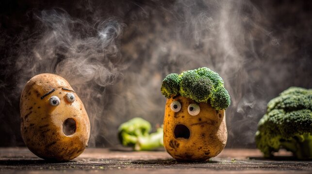 Animated potato and broccoli characters in a whimsical vegetable scene