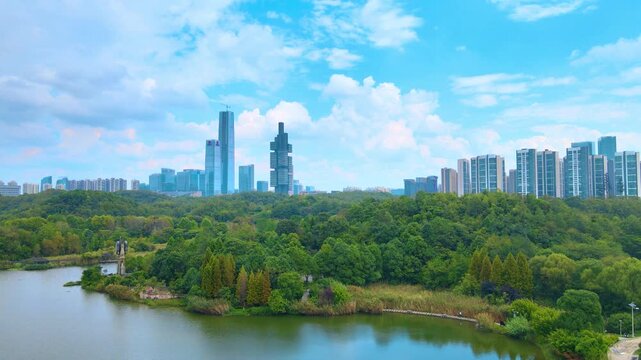 Nanjing skyline over Xuanwu Lake and green park in Xuanwu Lake, Nanjing, China