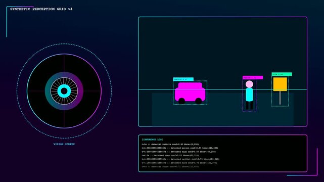 Sophisticated AI Integration display showing machine vision algorithms tracking moving objects and digital subjects. Synthetic grid interface for advanced autonomous vehicle system monitoring.