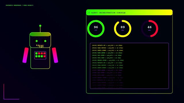 An innovative AI Integration Process unfolds as a digital robot interface cycles through data streams and system metrics displayed on a dark futuristic dashboard monitor screen
