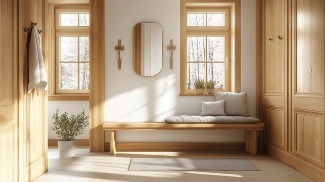 Warm entryway with wooden elements and winter view
