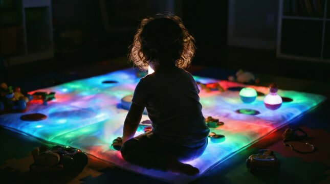 Kid Sitting on Glowing Interactive Digital Floor