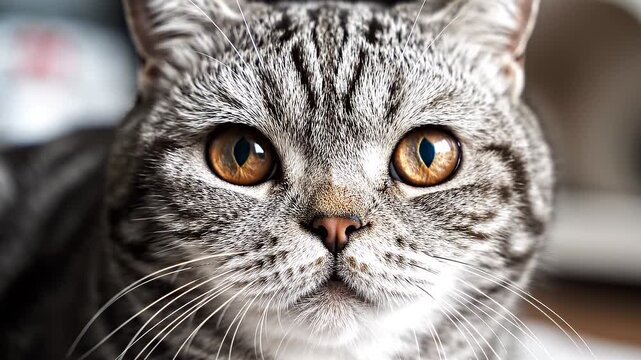 Captivating close-up photo of a Scottish Fold cat's face, highlighting its stunning amber eyes and distinctive silver tabby fur pattern. A detailed portrait of feline beauty.