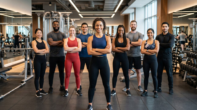 Diverse fitness team standing in modern gym with confident female trainer in foreground, personal trainers, yoga instructors and fitness coaches, premium wellness environment, professional group