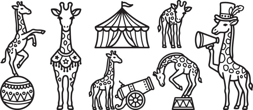 Collection of cute giraffe characters performing circus acts and fun carnival tricks in a simple black and white line art style