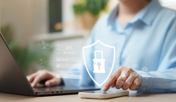 Businesswoman using secure login authentication with password protection, encryption, privacy, and firewall cybersecurity concept.
