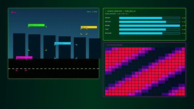 A complex AI Integration Process shows a digital system scanning a street environment through a futuristic heads up display with fluctuating data charts and predictive metrics
