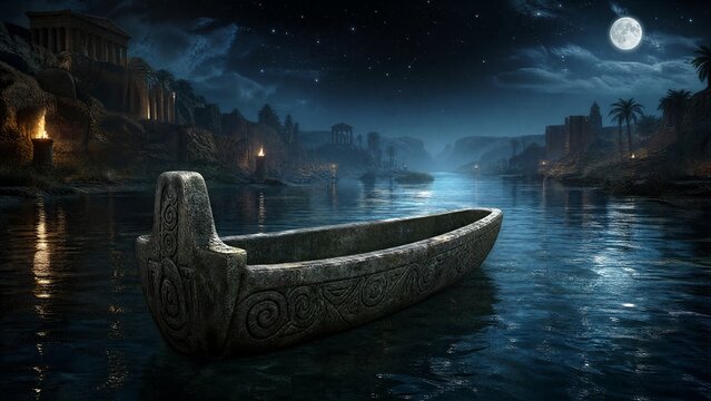 Primitive stone boat drifting on an ancient shimmering river beneath a star-filled night sky.