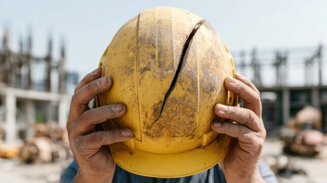 Worn-out cracked yellow safety helmet held by construction worker with hands on head at outdoor site indicating damage and hazard protection failure
