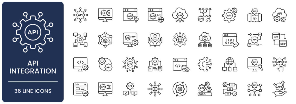 API integration icon set. Collection of web api,
software connectivity, backend gateway, data exchange, webservice and automation line icon vector illustration with editable stroke.