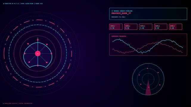 Complex AI Integration visualizing neural network telemetry within a futuristic motion graphic interface. Shows dynamic data waves flowing across oscillating holographic circular nodes.