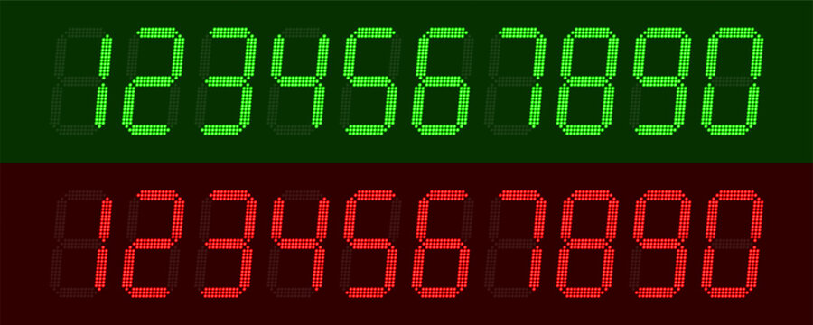 Digital glowing numbers. Green LCD figures for a electronic devices, clocks, calculators, and scoreboard interfaces. Vector illustration.