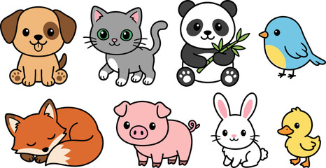 Cute Kawaii Cartoon Animal Vector Sticker Set Featuring Adorable Puppy Dog, Kitten Cat, Panda Bear, Fox, Pig, Bunny Rabbit, and Baby Birds © Borsha