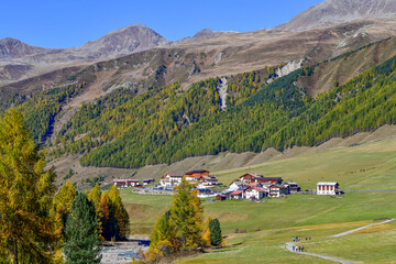 Blick über grüne Bergwiesen auf den Weiler Melag im herbstlichen Langtauferer Tal, Südtirol © Ilhan Balta