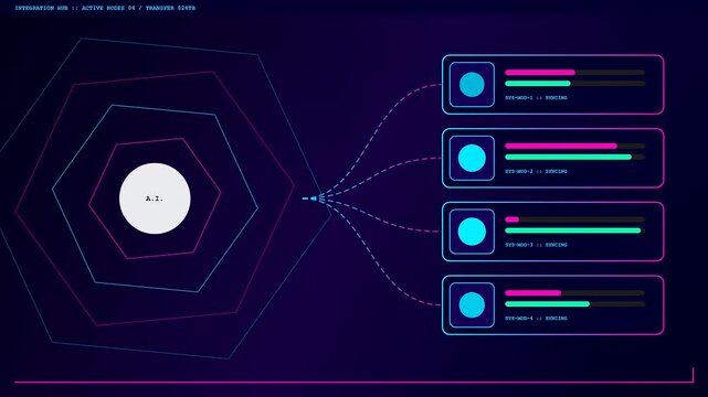 An AI integration process flows through digital nodes within this graphical interface design demonstrating high speed data transfer and complex analytical connectivity across multiple network segments