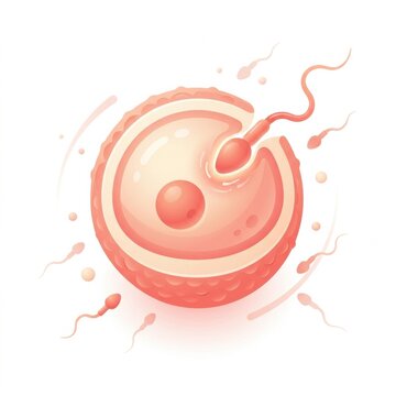 The image illustrates the moment of fertilization with a human egg and a sperm cell. The visual highlights the key elements of reproduction.